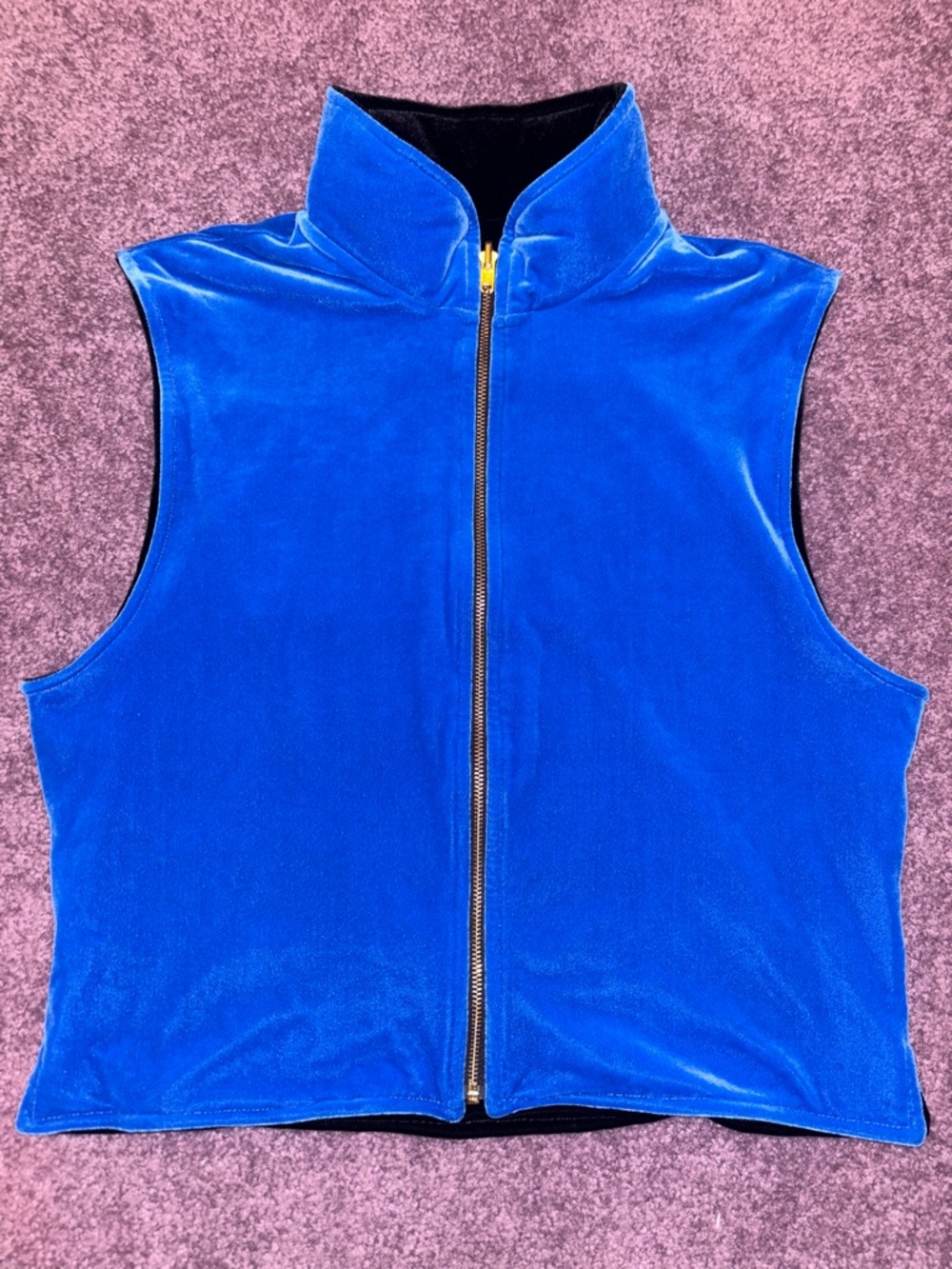 Black Velvet Zip-Front Sleeveless Vest with Blue Lining - Picture 2 of 4